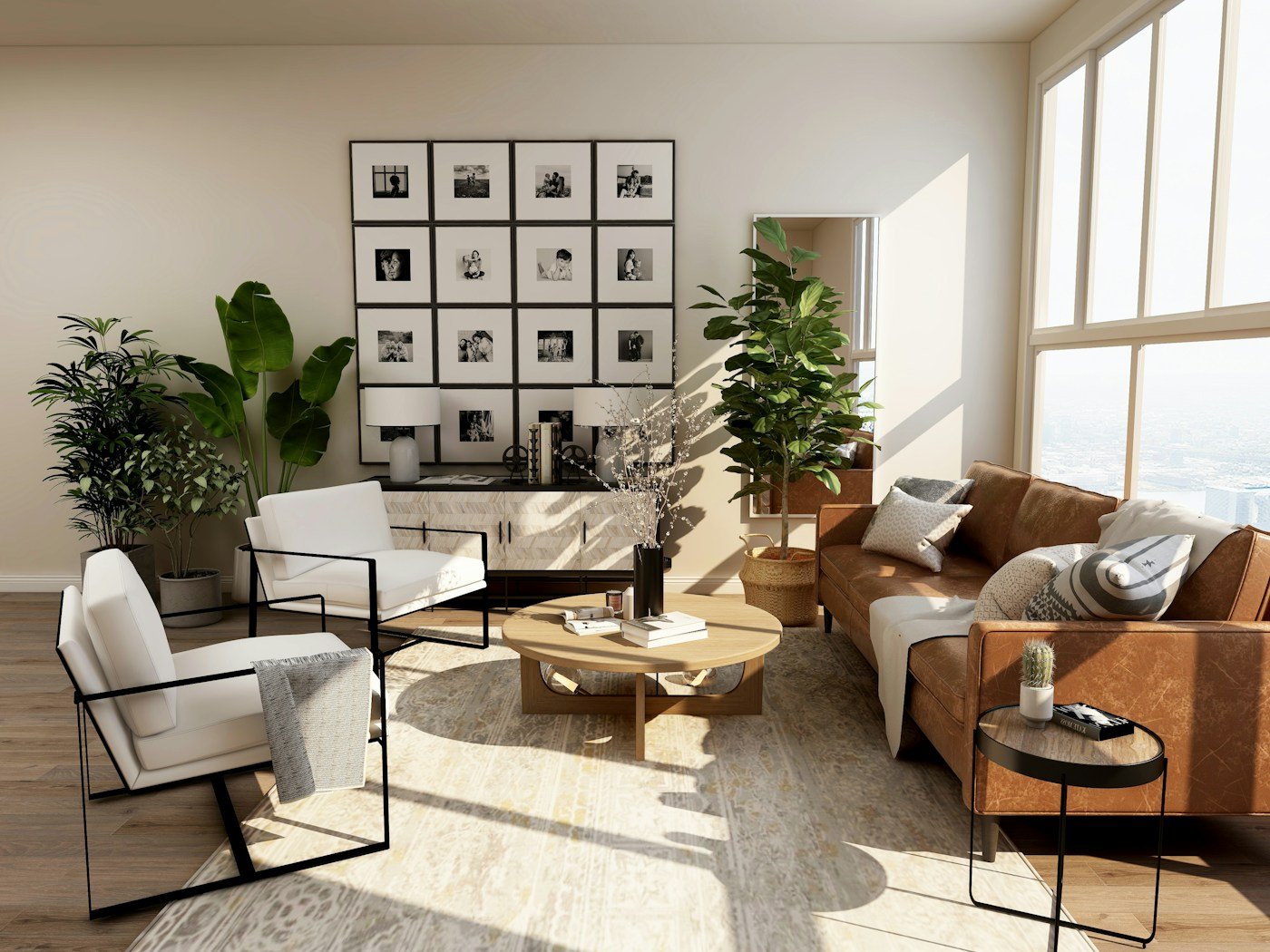 Sunlit living room with warm wood furniture and indoor plants